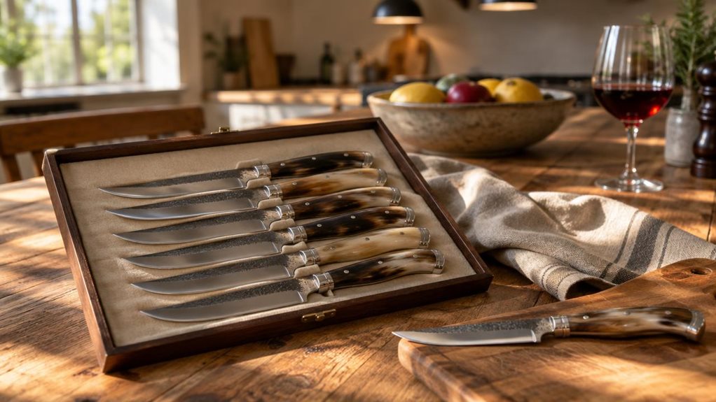 A photograph of a rustic wooden dining table bathed in warm, late-afternoon sunlight streaming through a nearby window. Centered in the frame, a set of six steak knives rests in an open presentation box lined with cream-colored felt, their horn-colored handles catching the light with subtle variations in texture and color. The blades, slightly fanned for display, reflect soft highlights, showing fine forged details near the bolster. Beside the box, a linen napkin is casually