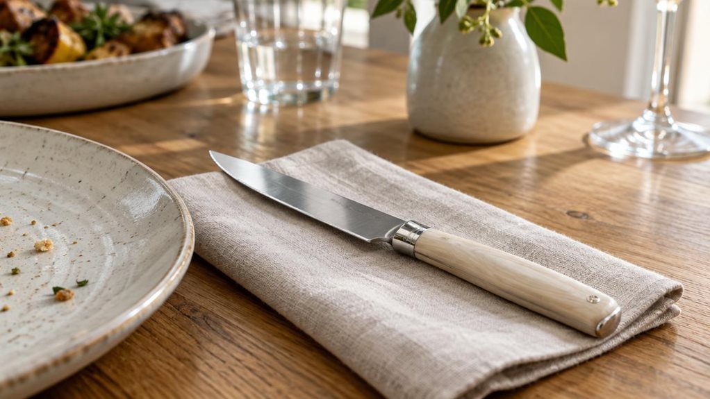 A photograph of a single elegant steak knife resting diagonally on a pale linen napkin beside a ceramic dinner plate, naturally placed on a warmly grained oak dining table. Its polished stainless-steel blade and smooth, light-toned handle are shown in crisp detail, with a subtle metal bolster and a small decorative rivet. A few crumbs and the edge of a serving dish lend the setting an unposed, lived-in feel without suggesting anyone is mid-meal. The horizontally composed 16:9