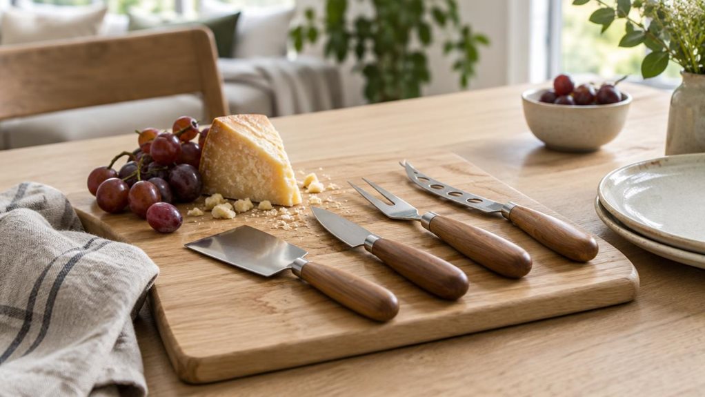 A photograph of a single elegant cheese-serving set resting on a pale oak board in a relaxed, modern dining room. The set features several stainless-steel cheese tools with smooth, warm-toned handles, arranged neatly beside a small wedge of aged cheese, a few grapes, and scattered crumbs. The utensils are the clear focal point, shown in crisp detail with subtle reflections along their blades and polished metal. A linen napkin and simple ceramic plate sit nearby, suggesting an