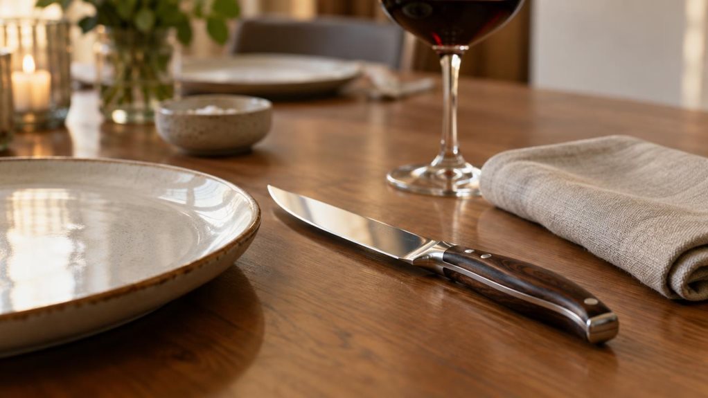 A photograph of a single luxury steak knife resting naturally beside a ceramic dinner plate on a warmly lit dining table, composed as a horizontal 16:9 landscape scene. The knife is the clear hero: its polished steel blade catches a soft glint of window light, while the sculpted handle shows subtle grain and refined detailing. A neatly folded linen napkin and a few understated table settings frame the scene without competing for attention. In the softly blurred background, a 
