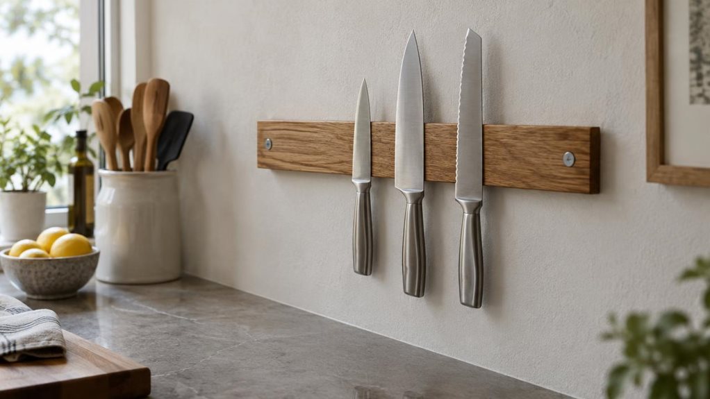 A photograph of a LARHN-style oak wood magnetic knife strip mounted horizontally on a pale, lightly textured kitchen wall, holding a tidy row of three stainless-steel kitchen knives. The 16:9 landscape composition places the strip prominently in the center, with the warm oak grain and understated metal details in crisp focus. A quiet, lived-in kitchen surrounds it: a stone countertop below, a ceramic utensil crock and a small bowl of lemons softly blurred in the background. N