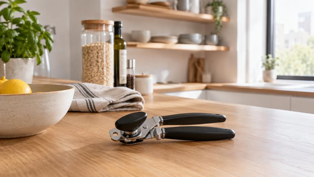 A photograph of a sleek manual can opener resting naturally on a light oak kitchen counter in a modern, sunlit apartment, captured in a horizontally composed 16:9 landscape frame. The product is the clear hero of the scene, placed beside a ceramic bowl, a folded linen towel, and a few pantry staples, suggesting an everyday cooking moment without any action. Its matte silver finish and clean black handle details are rendered with crisp realism, while the softly blurred backgro