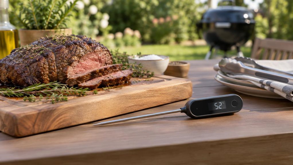 A photograph of a single digital roast and BBQ thermometer resting beside a wooden cutting board on a clean outdoor dining table, its slim stainless-steel probe and compact dark display clearly visible. A freshly cooked roast sits nearby with a few herbs and serving utensils, suggesting a relaxed backyard meal without capturing anyone in the middle of cooking. The thermometer is the hero of the scene, naturally placed among understated barbecue essentials, with no other therm