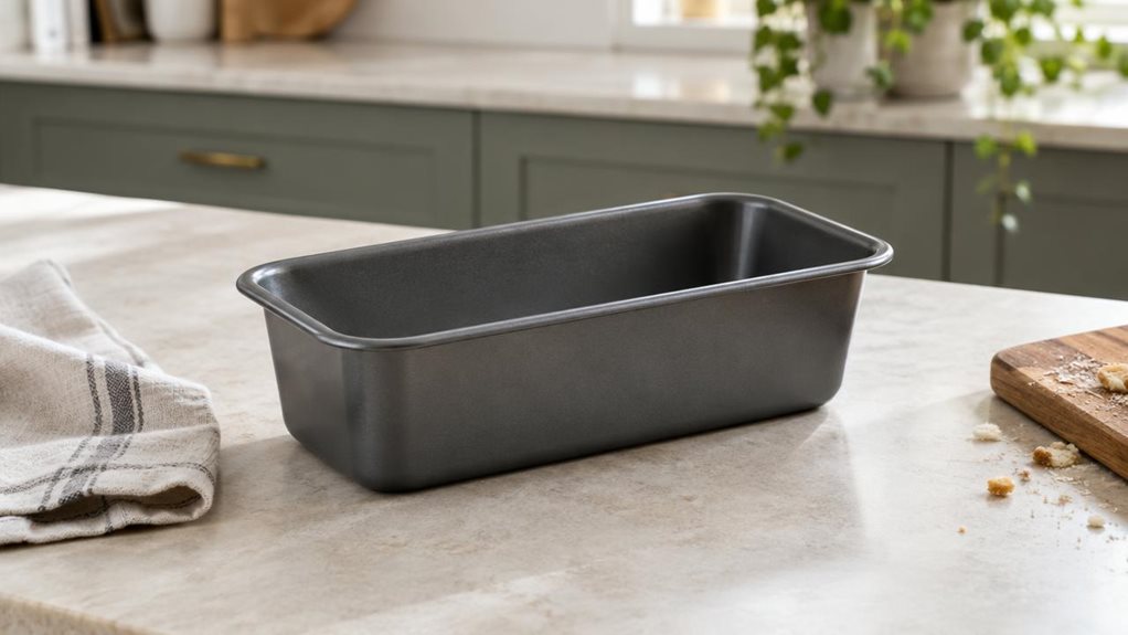 A photograph of a single 25 cm loaf tin resting on a pale stone countertop in a calm, modern home kitchen, composed horizontally in a 16:9 landscape frame. The tin is the clear hero, shown at a natural three-quarter angle so its elongated shape, gently rounded corners, and realistic nonstick interior are visible. Nearby, a folded linen tea towel and a small wooden board with a few crumbs suggest everyday baking, without distracting from the product. The scene feels candid and