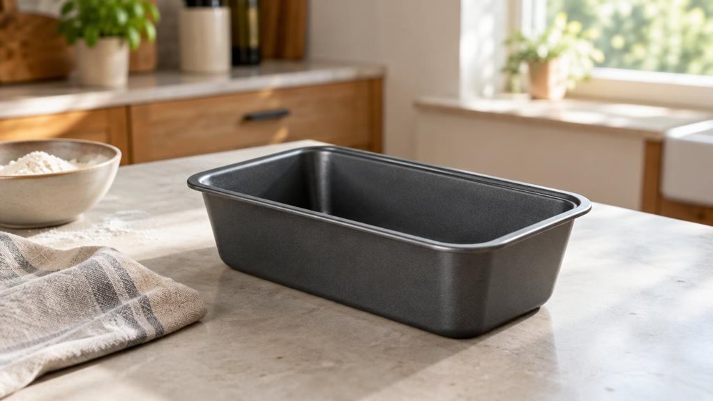 A photograph of a single dark gray nonstick loaf tin resting on a pale stone countertop in a calm, modern home kitchen. The tin is the clear hero, shown at a natural three-quarter angle with its rectangular shape, softly rounded corners, and subtle textured finish visible. A folded linen tea towel and a small bowl of flour sit nearby, suggesting a baking space without making the scene feel staged. In the softly blurred background, warm wooden cabinetry and a sunlit window cre