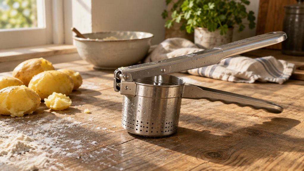 A photograph of a stainless steel potato and spätzle press resting on a weathered wooden countertop in a sunlit farmhouse kitchen. The press sits at a slight diagonal, its long handles catching warm afternoon light streaming through a nearby window, highlighting subtle brushed-metal texture and small water droplets clinging to its surface from recent use. Beside it, a small pile of boiled potatoes and a dusting of flour suggest the aftermath of a home-cooking session, though