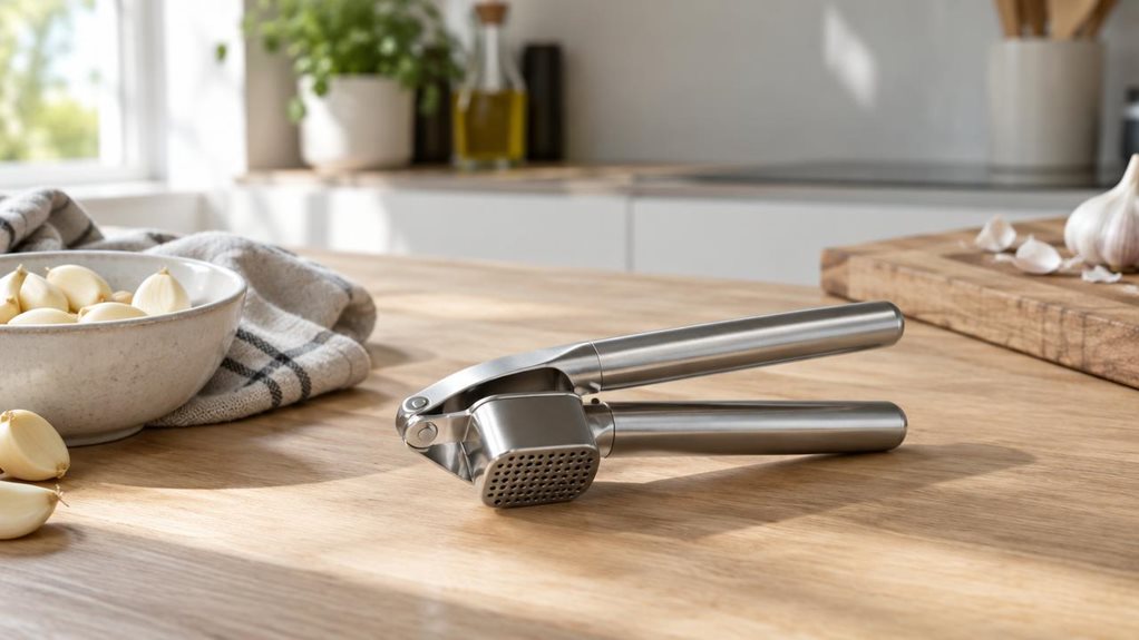 A photograph of a sleek stainless-steel garlic press resting casually on a light oak kitchen countertop in a horizontally composed 16:9 landscape scene. The product is centered slightly off to the right, heroed in a modern, minimal kitchen setting with a ceramic bowl of peeled garlic cloves, a linen towel, and a wooden cutting board softly arranged nearby. Natural morning light streams in from the left, creating gentle highlights on the brushed metal and subtle shadows across