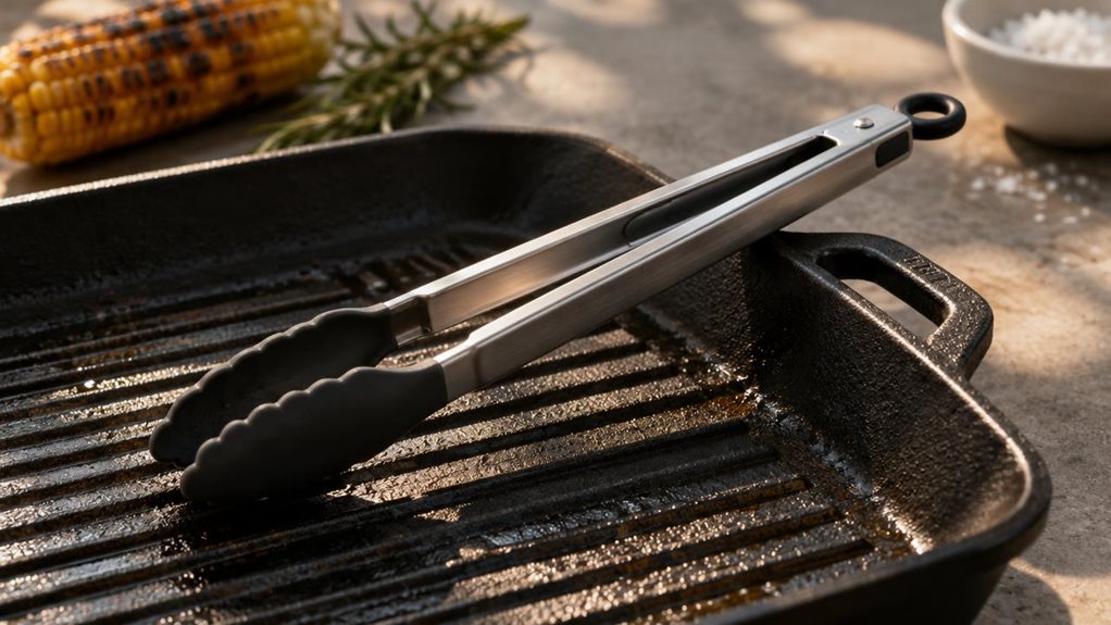 A photograph of stainless steel kitchen tongs resting diagonally across a matte black cast-iron grill pan, the 31-centimeter length spanning the ridged surface with a relaxed, confident balance. The brushed metal catches the late afternoon sun streaming through an unseen window, throwing long, soft shadows across the pan's textured ridges and highlighting the scalloped, heat-resistant silicone tips. A faint sheen of vegetable oil glistens on the pan's seasoned iron, suggestin