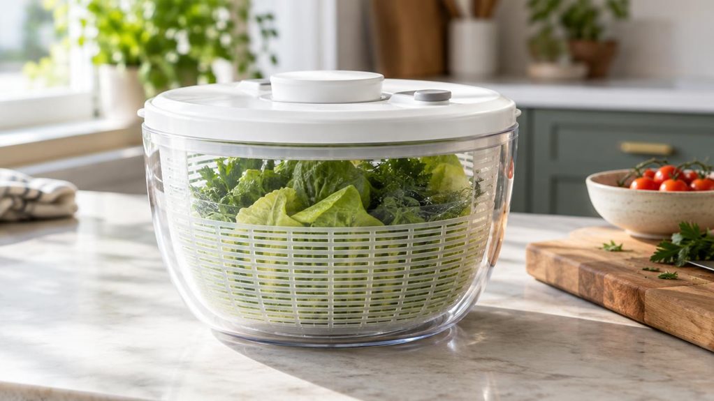 A photograph of a single large salad spinner resting on a pale stone kitchen counter, composed as a horizontal 16:9 landscape scene. Its clear, gently rounded bowl reveals crisp lettuce leaves and a few herbs inside, while the simple white lid and subtle pull mechanism give it a clean, practical look. The spinner is the clear hero, shown naturally in a bright, modern home kitchen beside a wooden chopping board and a small bowl of cherry tomatoes. Nothing is being handled; the