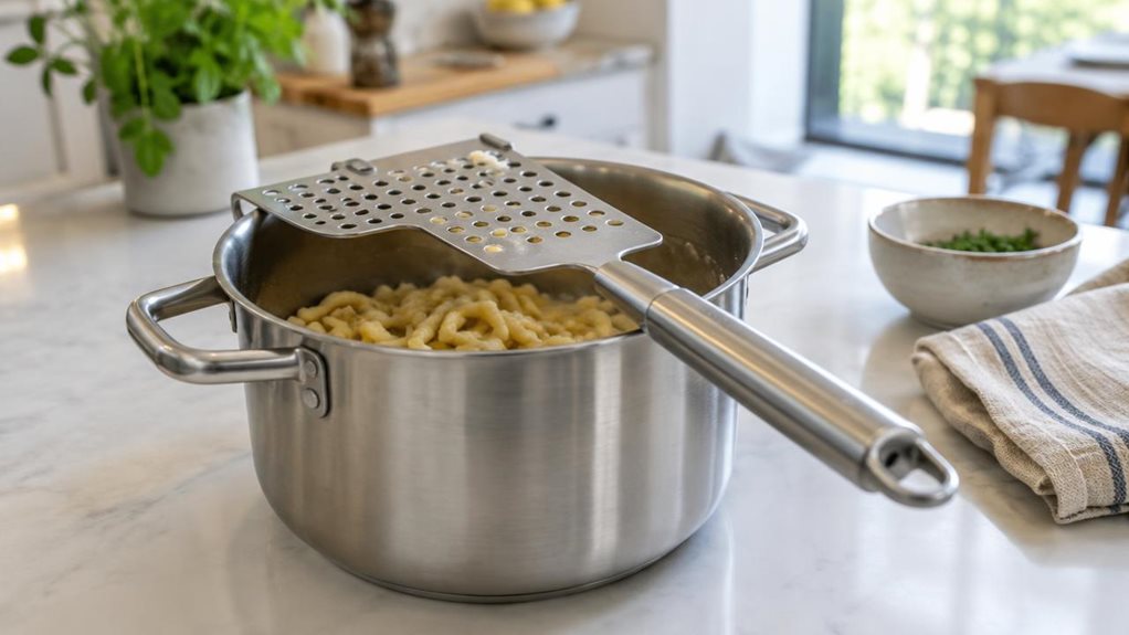 A photograph of a single stainless-steel spätzle scraper resting across the rim of a medium-sized pot on a bright, modern kitchen counter. The scraper’s flat perforated plate spans the pot opening, with its sturdy handle angled gently toward the foreground; a few freshly cooked spätzle are visible inside the pot, suggesting a recent meal without showing anyone mid-action. A folded linen towel and a small ceramic bowl sit nearby, adding a relaxed, lived-in touch. The horizonta