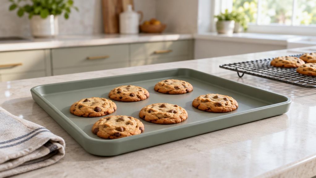 A photograph of a single flexible silicone non-spill baking sheet resting on a clean, pale stone kitchen counter, its raised edges clearly visible and a few golden cookies cooling on its surface. The sheet is the hero of a horizontally composed 16:9 landscape scene, shown in its natural home-baking setting beside a cooling rack and a folded linen tea towel. A softly blurred, contemporary kitchen fills the background, with understated cabinetry and a glimpse of a sunlit window
