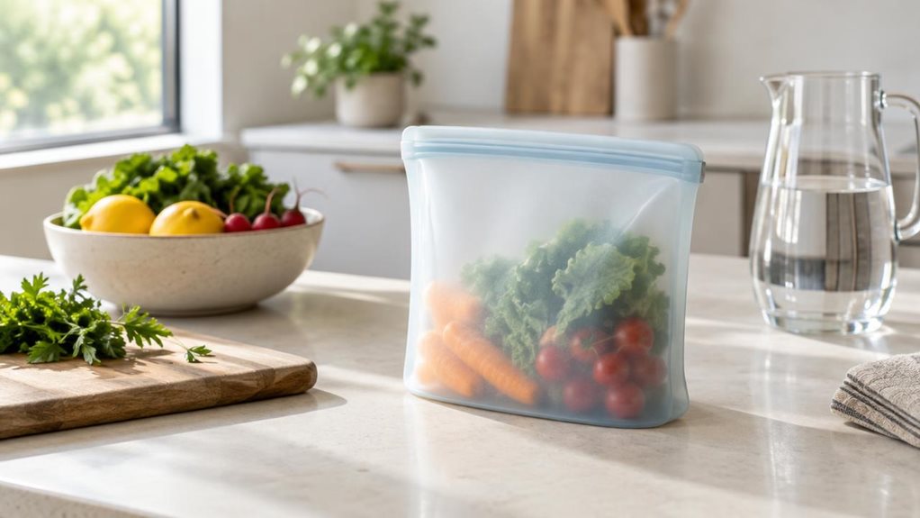 A photograph of a single reusable silicone storage bag in a modern kitchen, staged naturally on a pale stone countertop beside a wooden cutting board, a ceramic bowl of fresh produce, and a glass water pitcher. The bag is the clear hero of the scene, standing upright with a smooth matte finish, soft rounded edges, and a subtle translucent tint that catches the daylight. It appears casually placed rather than posed, as if someone had just set it down after unpacking groceries.