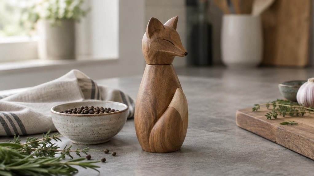 A photograph of a single fox-shaped spice mill resting on a kitchen counter, composed horizontally in a 16:9 landscape frame. The mill is the clear hero: a finely crafted, fox-inspired form with warm wood grain, a smooth matte finish, and a small, understated grinding mechanism integrated into its design. It sits naturally beside a ceramic bowl of whole peppercorns and a folded linen tea towel, with a few herbs and a cutting board softly visible nearby. The scene feels casual