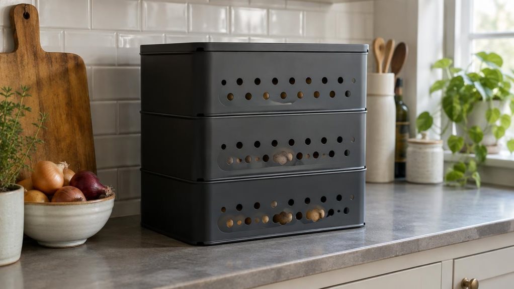A photograph of a single set of three matte charcoal potato storage boxes arranged on a kitchen counter, shown in a horizontally composed 16:9 landscape scene. The boxes sit naturally beside a wooden chopping board and a small bowl of onions, with a few potatoes visible through their neatly aligned ventilation holes. Their simple, modern shape and subtle finish make them the clear hero of the image, while pale cabinetry, a tiled backsplash, and a glimpse of a leafy plant crea