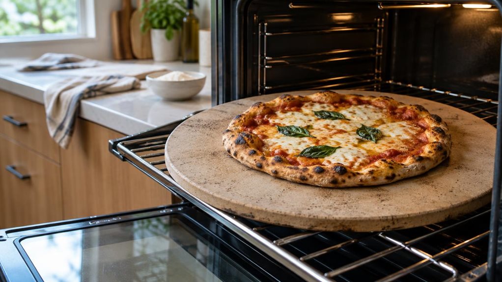 A photograph of a large, round cordierite pizza stone resting on the open rack of a modern home oven, its pale, lightly speckled surface and gently darkened edges clearly visible. A freshly baked pizza sits centered on the stone, with blistered crust, melted cheese, and a few basil leaves, making the stone’s generous size easy to appreciate. The oven is set into a clean, contemporary kitchen with warm wood cabinetry and a softly blurred countertop in the background. A folded 
