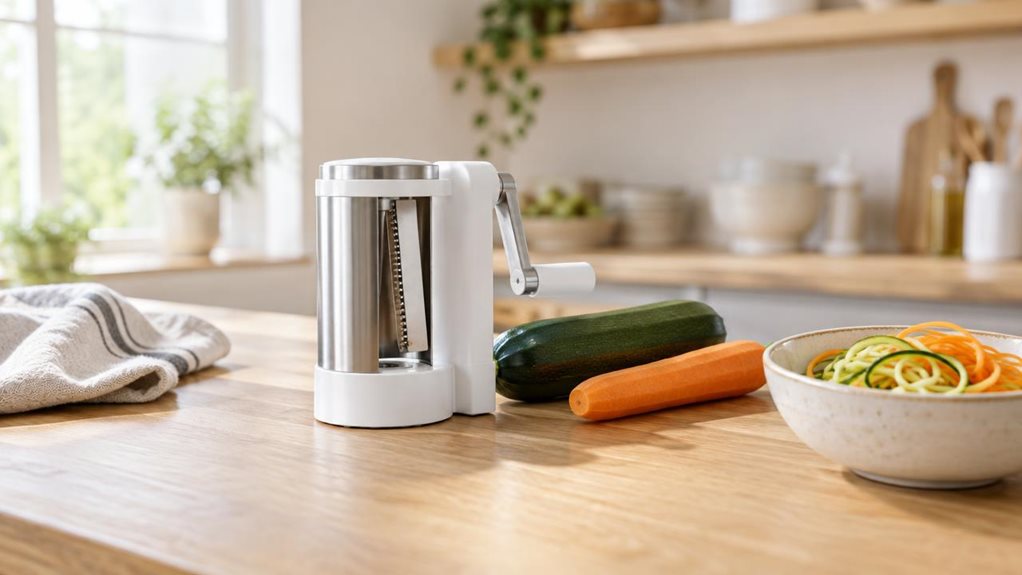 A photograph of a sleek, unbranded vegetable spiral cutter resting on a light oak kitchen counter in a bright, modern home kitchen, framed in a horizontal 16:9 landscape composition. The compact white-and-stainless-steel tool is the clear focal point, placed beside a fresh zucchini, a peeled carrot, and a small ceramic bowl filled with delicate veggie noodles, suggesting a casual meal prep moment without showing any hands or action. Soft natural daylight streams in from a nea