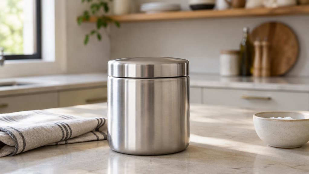 A photograph of a single stainless steel storage jar resting on a light stone kitchen counter, composed as a horizontal 16:9 landscape scene. The jar is the clear hero, with a brushed-metal body, softly rounded edges, and a fitted lid, its realistic finish catching a gentle window reflection. It sits naturally beside a folded linen tea towel and a small ceramic bowl, suggesting an everyday kitchen setting without feeling staged. In the softly blurred background, pale cabinetr