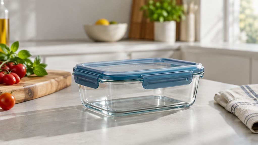 A photograph of a single glass food storage container with a clear rectangular body and a tightly sealed blue locking lid, placed casually on a bright modern kitchen counter in a horizontally composed 16:9 landscape scene. The container sits near a cutting board and a neatly folded linen towel, with a few fresh ingredients nearby to suggest everyday meal prep without any staged action. Soft natural morning light streams in from the side, creating gentle reflections on the gla