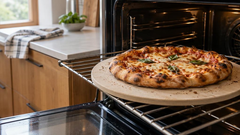A photograph of a single round pizza stone resting on the open rack of a modern home oven, with a freshly baked pizza set on top. The golden, blistered crust and lightly browned cheese suggest a crisp result, while a few crumbs on the pale stone add a natural, lived-in touch. The oven sits in a clean, contemporary kitchen with warm wood cabinetry and a simple countertop; a folded tea towel and small bowl of fresh herbs appear softly in the background. Horizontally composed in