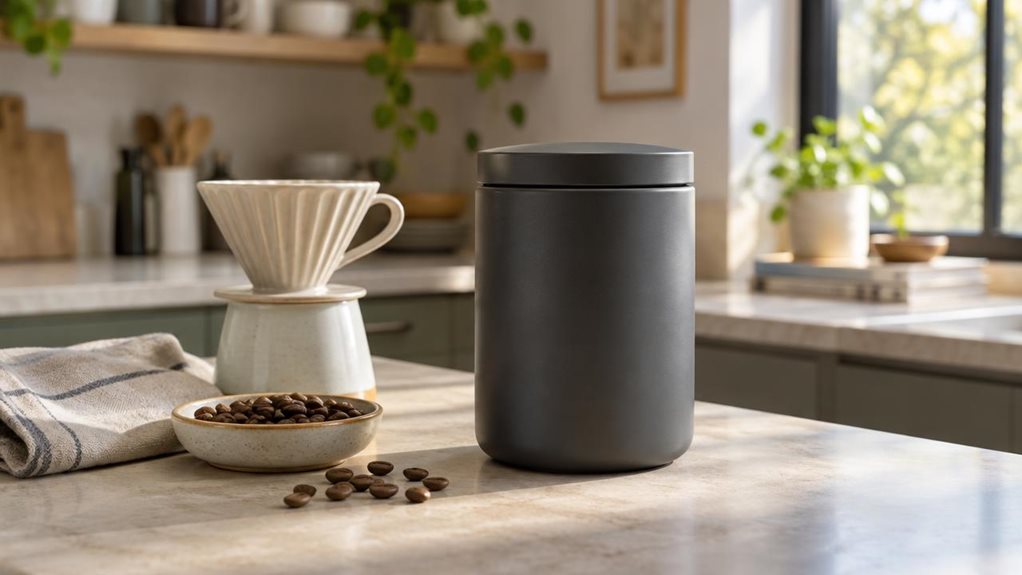 A photograph of a single matte charcoal coffee canister with a fitted airtight lid, resting on a pale stone countertop in a calm, modern kitchen. The canister is the clear hero, positioned slightly off-center beside a ceramic pour-over dripper, a small dish of coffee beans, and a folded linen towel. Its smooth, unbranded surface and subtle lid seal are shown in crisp detail, with a few beans scattered naturally nearby. In the softly blurred background, open shelves and a sunl