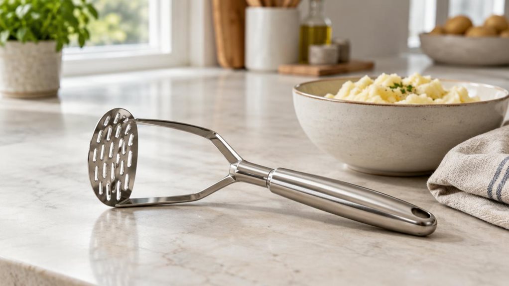A photograph of a single stainless steel potato masher resting on a pale stone countertop in a bright, modern kitchen. The sturdy one-piece utensil is the clear hero, its polished metal catching soft window light and revealing subtle reflections along the handle and broad mashing plate. Nearby, a ceramic bowl of freshly mashed potatoes and a folded linen tea towel suggest an everyday cooking moment, while remaining secondary to the masher. The scene feels candid and observati