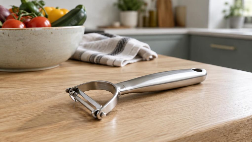 A photograph of a single stainless-steel universal vegetable peeler resting casually on a light oak kitchen countertop in a horizontally composed 16:9 landscape scene. The peeler is heroed in the foreground, angled slightly toward the viewer, with its clean, minimalist handle and polished blade catching soft natural window light. In the softly blurred background, a modern kitchen setting includes a ceramic bowl of fresh produce, a linen tea towel, and muted cabinetry, creatin