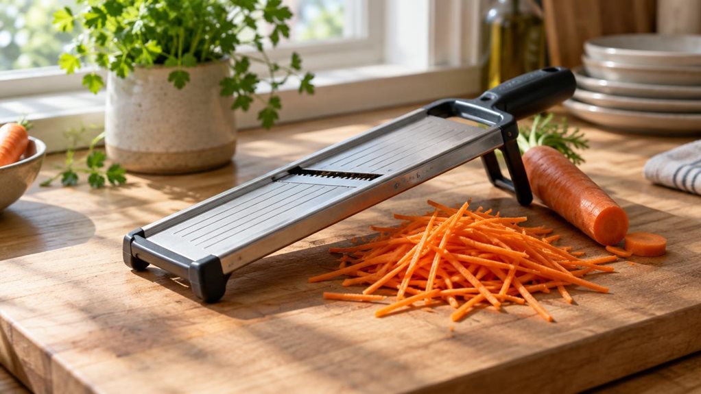 A photograph of a modern kitchen countertop bathed in soft morning light streaming through a nearby window. The Lurch 10096 julienne slicer rests diagonally across a wooden cutting board, its stainless steel blades catching a gentle glint of sunlight. Beside it, a small pile of freshly cut carrot strips lies loosely scattered, thin and uniform, evidence of recent use. A single carrot, partially sliced, leans against the slicer's handle, suggesting a pause mid-task rather than