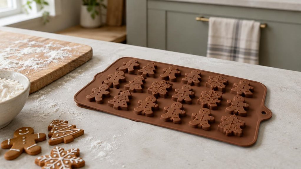 A photograph of a single flexible gingerbread-shaped silicone mould resting on a pale stone kitchen counter, composed horizontally in a 16:9 landscape frame. The mould is the clear hero, its warm brown surface and neat rows of familiar gingerbread-person and festive shapes rendered in crisp detail. Nearby, a lightly floured wooden board, a small bowl of flour, and a few baked gingerbread cookies suggest a well-used home kitchen without cluttering the scene. Soft window light 