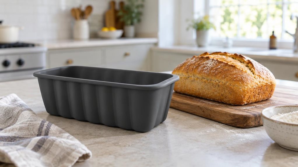 A photograph of a single flexible silicone bread mould resting on a pale stone kitchen countertop, with a freshly baked loaf cooling beside it. The mould is a deep, muted charcoal grey, rectangular with gently rounded corners and several evenly spaced ridges, its soft sides subtly bowed to suggest pliable silicone. A linen tea towel, a wooden bread board, and a small bowl of flour sit nearby, arranged naturally rather than like a showroom display. In the softly blurred backgr