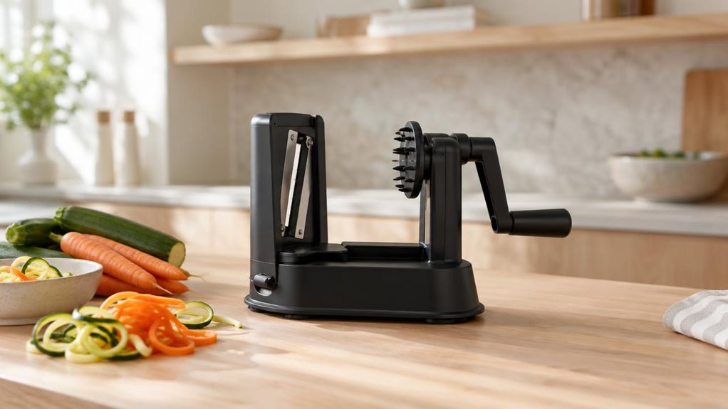 A photograph of a sleek black vegetable spiralizer resting on a light oak kitchen counter in a bright, modern home, framed in a horizontal 16:9 landscape composition. The product is centered as the hero object, shown naturally in place beside a small pile of zucchini, carrots, and a few curled vegetable ribbons, suggesting everyday use without any action happening. Soft morning light streams through an off-frame window, creating gentle highlights on the matte black surfaces a