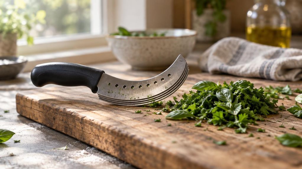 A photograph of a single herb knife resting on a weathered wooden cutting board in a sunlit kitchen, its curved, multi-bladed steel edge catching soft morning light streaming through a nearby window. The blade's rocker design is angled slightly upward, resting beside a small pile of freshly chopped basil and parsley, their vibrant green hues contrasting with the muted wood grain. The composition is horizontal, 16:9, with the knife positioned slightly left of center, drawing t