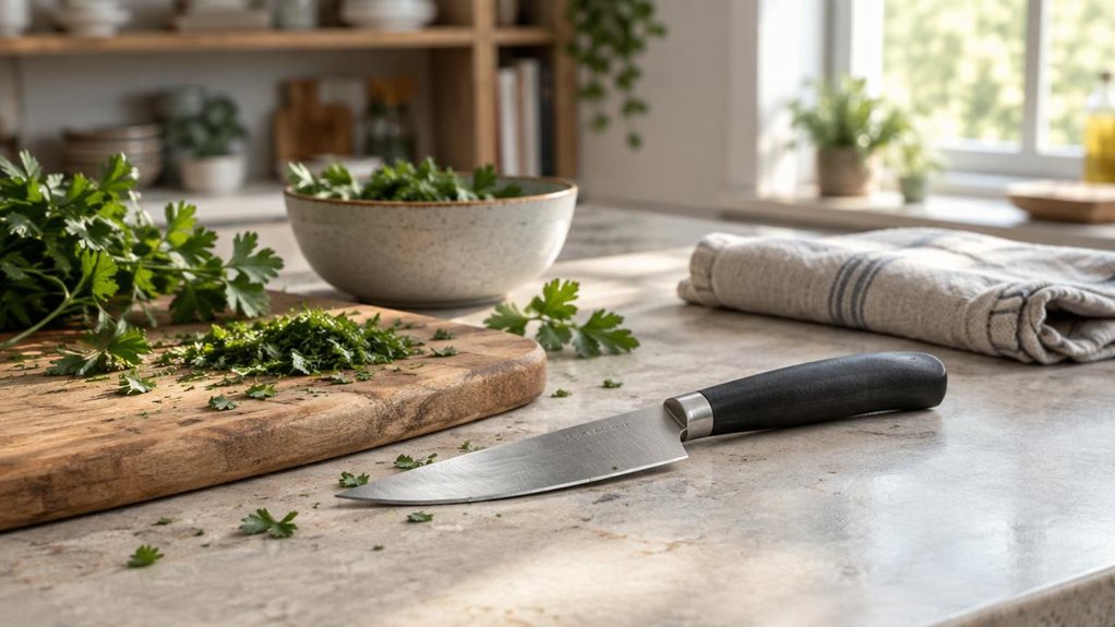 A photograph of a single herb knife resting naturally on a pale stone kitchen counter beside a small wooden cutting board scattered with freshly chopped parsley and a few whole sprigs. The knife has a gently curved stainless-steel blade and a simple dark handle, with realistic brushed-metal reflections and subtle signs of everyday use. A folded linen towel and a ceramic bowl of herbs sit nearby, suggesting a calm home-cooking setting without feeling staged. The scene is horiz