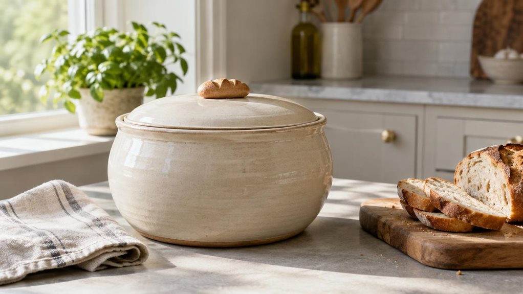A photograph of a single ceramic bread pot resting on a kitchen counter in a horizontally composed 16:9 landscape scene. Its softly rounded body, muted cream glaze, and fitted lid give it a simple, timeless look, with a small bread-shaped knob centered on top. The pot sits beside a folded linen tea towel and a wooden cutting board holding a few slices of crusty bread, creating a natural, lived-in kitchen setting. A sunlit window softly illuminates the scene, revealing subtle 