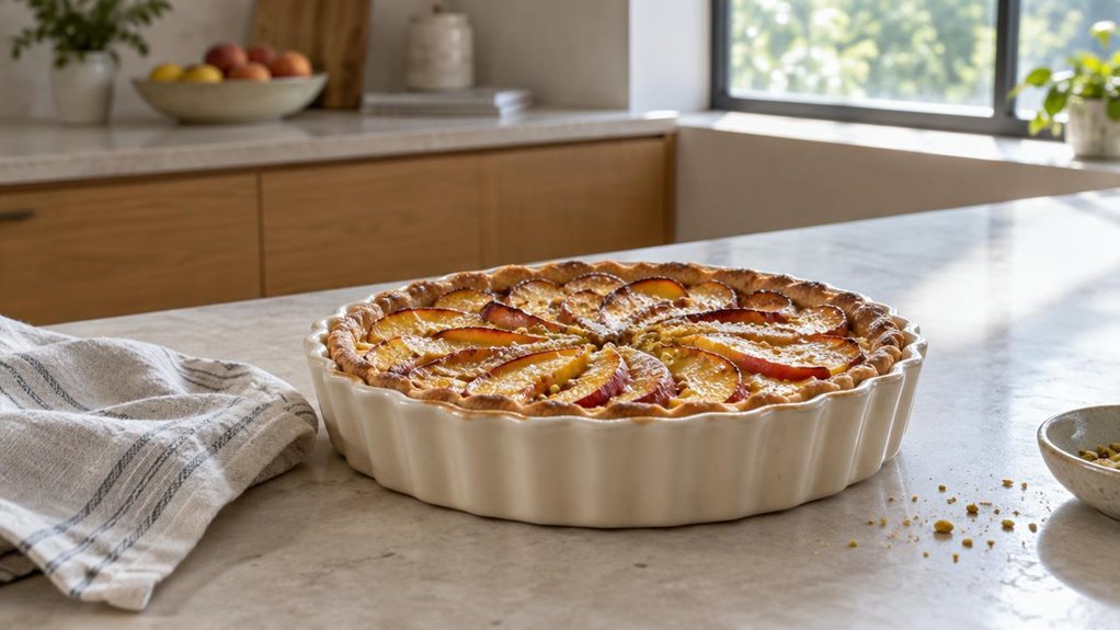 A photograph of a single round ceramic tart dish resting on a pale stone kitchen island, its softly scalloped rim and warm ivory glaze catching the natural morning light. The dish holds a freshly baked fruit tart, with a few crumbs and a linen tea towel nearby, suggesting a relaxed home kitchen rather than a styled studio. In the softly blurred background, simple wooden cabinetry, a small bowl of fruit, and a sunlit window create a calm, modern setting. The horizontal 16:9 la