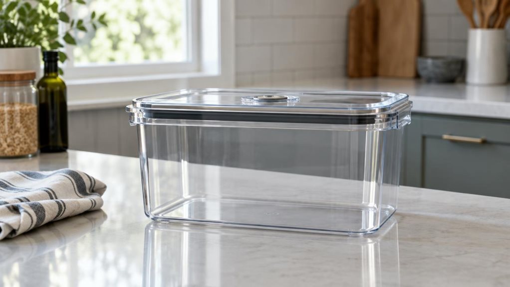 A photograph of a single clear, rectangular 4-liter vacuum-sealer container resting naturally on a clean kitchen counter, composed as a horizontal 16:9 landscape scene. Its transparent sides reveal the roomy interior, while a fitted lid with subtle sealing details sits neatly in place. The container is the hero, shown in a believable home-kitchen setting beside a softly folded tea towel and a few understated pantry items, with no one in the frame and nothing in motion. Gentle