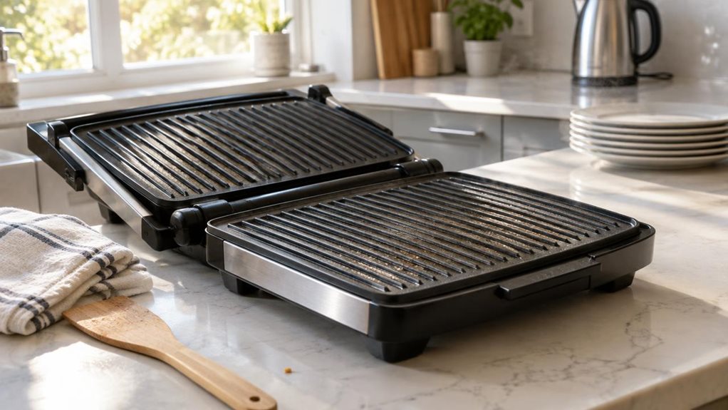 A photograph of a sleek black contact grill resting open-faced on a sunlit kitchen countertop, its large non-stick ridged plates showing faint grill marks from recent use. The 180° hinge design allows the grill to lie completely flat, both surfaces visible and gleaming with a subtle sheen under soft morning light streaming through a nearby window. A folded kitchen towel sits casually beside it, along with a small wooden spatula resting at an angle across the edge of the count