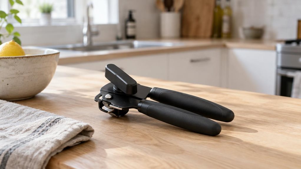 A photograph of a matte black manual can opener resting casually on a light oak kitchen countertop in a bright, modern apartment kitchen, composed in a horizontal 16:9 landscape frame. The opener sits near a ceramic bowl and a folded linen towel, heroed as an everyday utility object rather than a staged product shot. Soft natural daylight streams in from a nearby window, creating gentle highlights on the matte finish and subtle shadows across the counter. The background falls