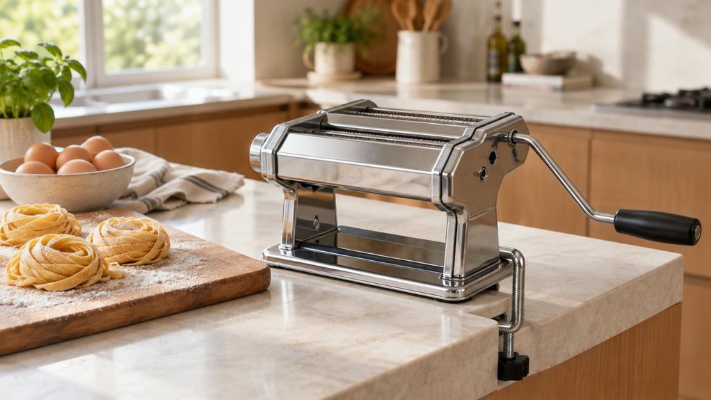 A photograph of a single polished stainless-steel pasta maker resting on a pale stone kitchen island, its hand crank and clamp neatly in place. A small mound of fresh pasta nests sits nearby on a lightly floured wooden board, with a bowl of eggs and a linen tea towel adding understated, natural context. The machine is the clear hero, shown at a relaxed three-quarter angle with realistic brushed-metal reflections and fine mechanical details. In the softly blurred background, a