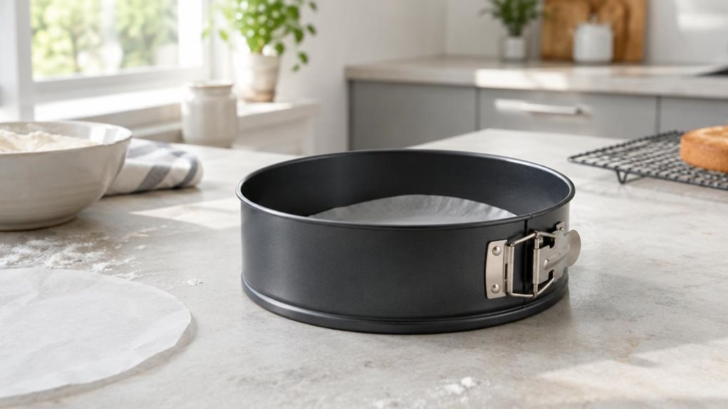 A photograph of a single 20cm non-stick springform cake pan resting on a light stone countertop in a bright, modern kitchen, framed in a horizontally composed 16:9 landscape scene. The pan sits naturally among subtle baking details: a parchment circle partly tucked inside, a few flour dustings on the surface, and a cooling rack blurred softly in the background. Natural daylight streams in from a nearby window, creating gentle highlights on the dark matte finish and a realisti