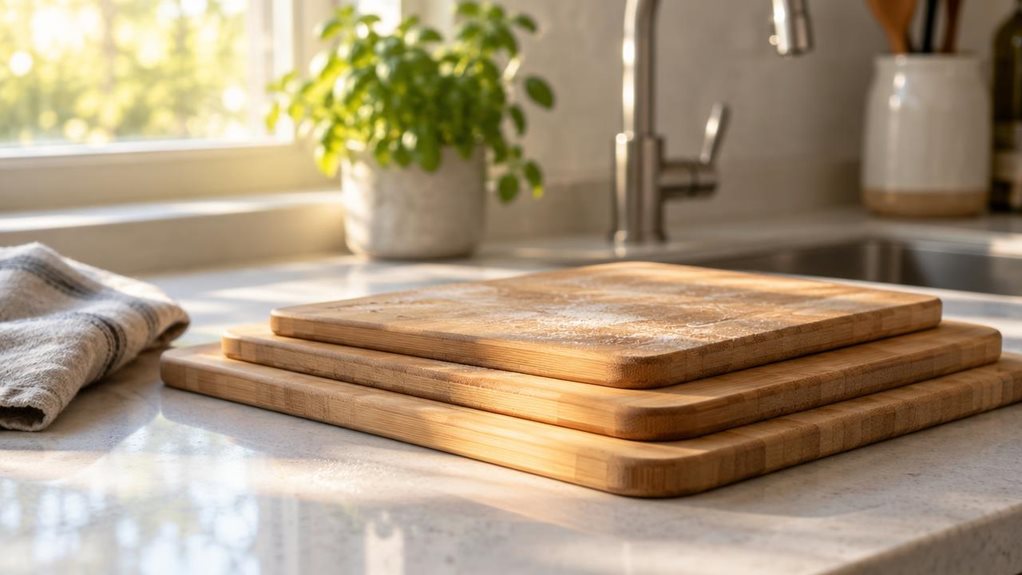 A photograph of a set of three bamboo chopping boards, nested together in graduated sizes, resting on a quartz kitchen countertop near a sunlit window. The top board, medium-sized, shows faint knife marks and a light dusting of flour, suggesting recent use. Morning sunlight streams in at a low angle, casting warm golden tones across the wood grain and highlighting the natural striations of the bamboo. Behind the boards, a softly blurred background reveals a stainless steel fa