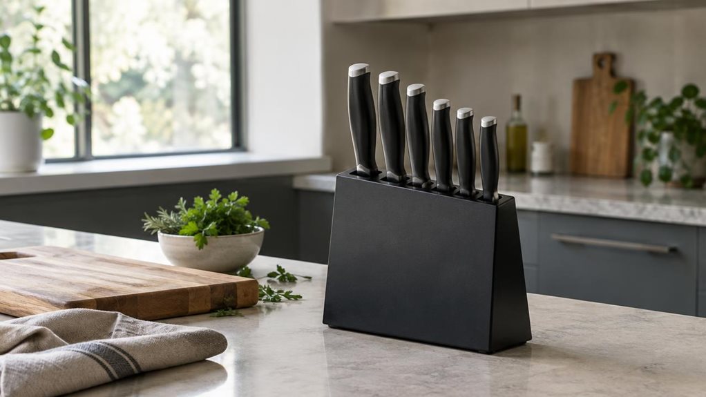 A photograph of a single six-piece black knife set displayed on a light stone countertop in a modern home kitchen, composed horizontally in a 16:9 landscape frame. The knives rest neatly in a compact black block, their dark handles and polished blades catching subtle highlights. A wooden cutting board, a folded linen towel, and a small bowl of fresh herbs sit nearby, making the setting feel naturally lived-in without distracting from the product. The scene is candid and obser