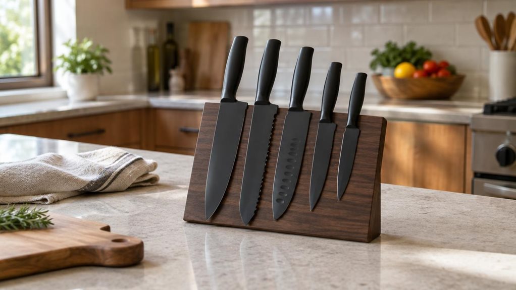 A photograph of a five-piece black kitchen knife set arranged neatly on a pale stone countertop in a modern home kitchen, composed horizontally in a 16:9 landscape frame. The knives rest together on a slim dark wooden magnetic block, with their matte black handles and clean-edged blades clearly visible as the hero of the scene. A folded linen towel and a small wooden cutting board sit nearby, adding a natural, lived-in touch without distracting from the set. In the softly blu