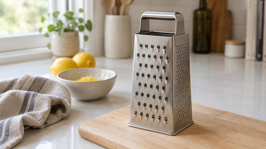 A photograph of a horizontally composed 16:9 landscape kitchen scene, featuring a single stainless steel box grater standing upright on a pale oak cutting board atop a clean quartz countertop. The grater is the clear hero of the image, rendered in realistic detail with brushed metal texture, sharp perforated sides, and a sturdy top handle, catching soft natural daylight from a nearby window. The setting feels calm and lived-in rather than staged: a linen dish towel lies loose