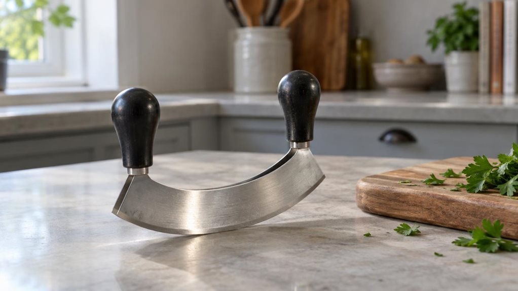 A photograph of a single 18 cm stainless-steel mezzaluna resting naturally on a pale stone kitchen counter, its curved blade catching a soft glint of daylight from a nearby window. The two smooth, dark handles rise gently above the blade, showing subtle reflections and realistic signs of everyday use. A small wooden cutting board with a few scattered parsley leaves sits nearby, suggesting a home kitchen without making the scene feel staged. In the softly blurred background, m
