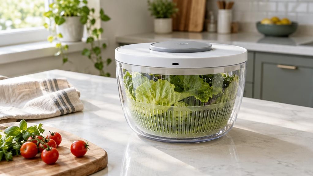 A photograph of a single electric salad spinner resting on a bright, uncluttered kitchen counter, composed as a horizontal 16:9 landscape scene. The compact spinner has a clear, gently rounded bowl, a neatly fitted lid, and a subtle USB-C charging port; fresh washed lettuce and herbs are visible inside, ready for a meal. A folded linen towel, a wooden cutting board, and a few loose cherry tomatoes sit nearby, suggesting an everyday kitchen moment without looking staged. The p