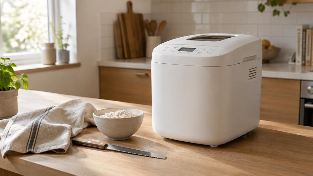A photograph of a sleek white bread maker placed on a light oak kitchen counter in a modern, softly styled home, captured in a horizontal 16:9 landscape composition. The appliance is shown as an everyday lifestyle object, sitting naturally beside a linen tea towel, a small bowl of flour, and a rustic loaf knife, suggesting a quiet morning baking routine without any staged action. Its smooth matte finish, compact rectangular form, and subtle control panel are clearly visible, 