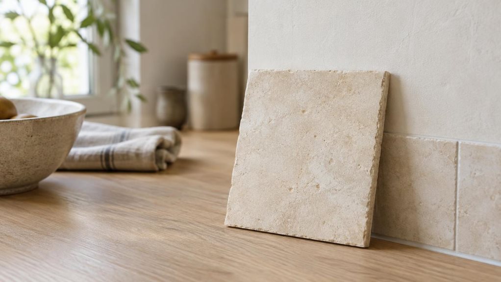 A photograph of a single biscuit-colored fireclay stone tile displayed in a calm, modern kitchen, its warm ivory surface and subtle, natural variations clearly visible. The tile rests casually against a pale plaster backsplash on a light oak countertop, with a small edge of the surrounding tiled surface suggesting how it might look installed. A ceramic bowl and a folded linen towel sit nearby, understated and slightly out of focus. The scene is horizontally composed in a 16:9