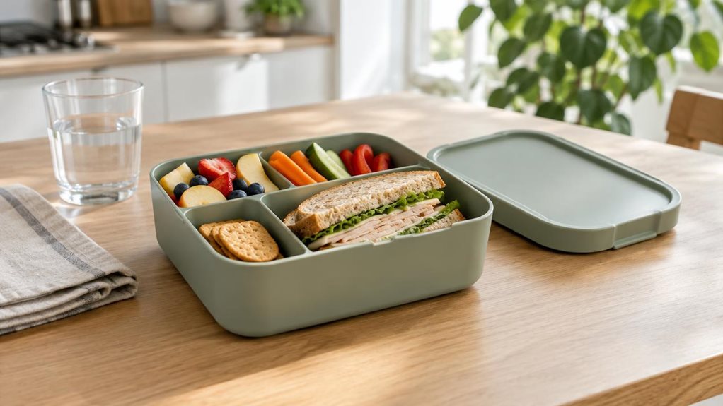 A photograph of a single large 1.5-liter bento lunch box resting on a light oak kitchen table, its clean, modern shape and muted sage-green lid clearly visible. The lid sits beside the open box, revealing neatly arranged sections filled with colorful everyday lunch foods: sliced fruit, crisp vegetables, a small sandwich, and a few crackers. A folded linen napkin and a simple water glass sit nearby, suggesting a relaxed weekday meal without cluttering the scene. Soft window li
