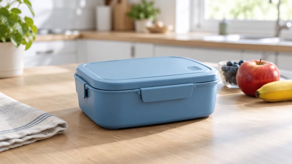 A photograph of a single cool-blue 750 ml lunch box resting on a light wooden table in a bright, modern kitchen, ready for a school or workday lunch. The lunch box is the clear hero, shown closed at a natural three-quarter angle, with its smooth rounded edges, secure lid, and subtle molded details rendered realistically. Nearby, a folded linen napkin and a few pieces of fresh fruit suggest an everyday lunchtime setting without distracting from the product. The scene is horizo