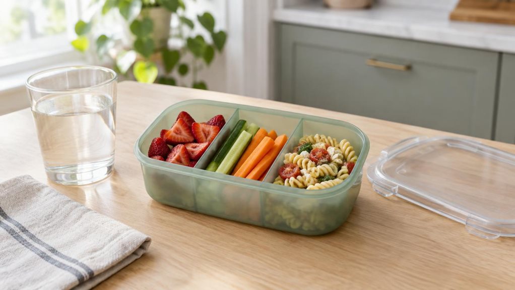 A photograph of a single 1000 ml, three-compartment bento bowl resting on a pale oak kitchen table, composed as a horizontal 16:9 landscape scene. The bowl is made of translucent, muted sage-green plastic, with a softly rounded rectangular shape and a clear fitted lid set neatly beside it. Its three compartments hold a casual, colorful lunch: sliced strawberries, crisp cucumber and carrot sticks, and a small portion of pasta salad. A folded linen napkin and a simple glass of 